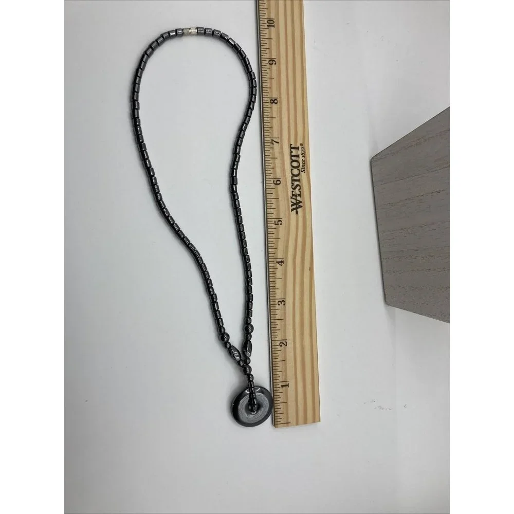 Hematite   Disc‎ Pendant  Necklace 18” Beads Barrel Clasp Black